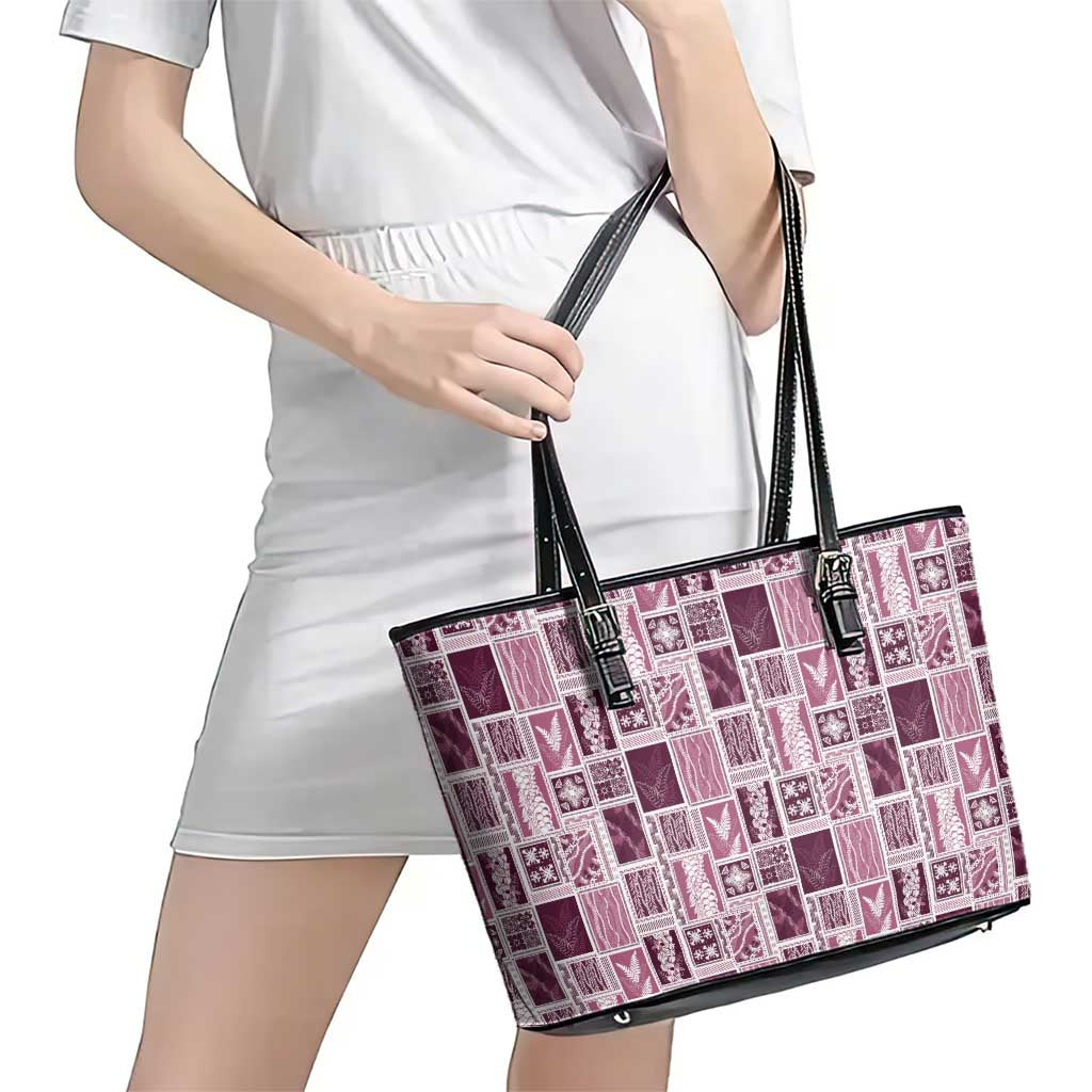 Vintage Aloha Block Quilt Leather Tote Bag Pink Inspired Lei Motifs - Polynesian Pride