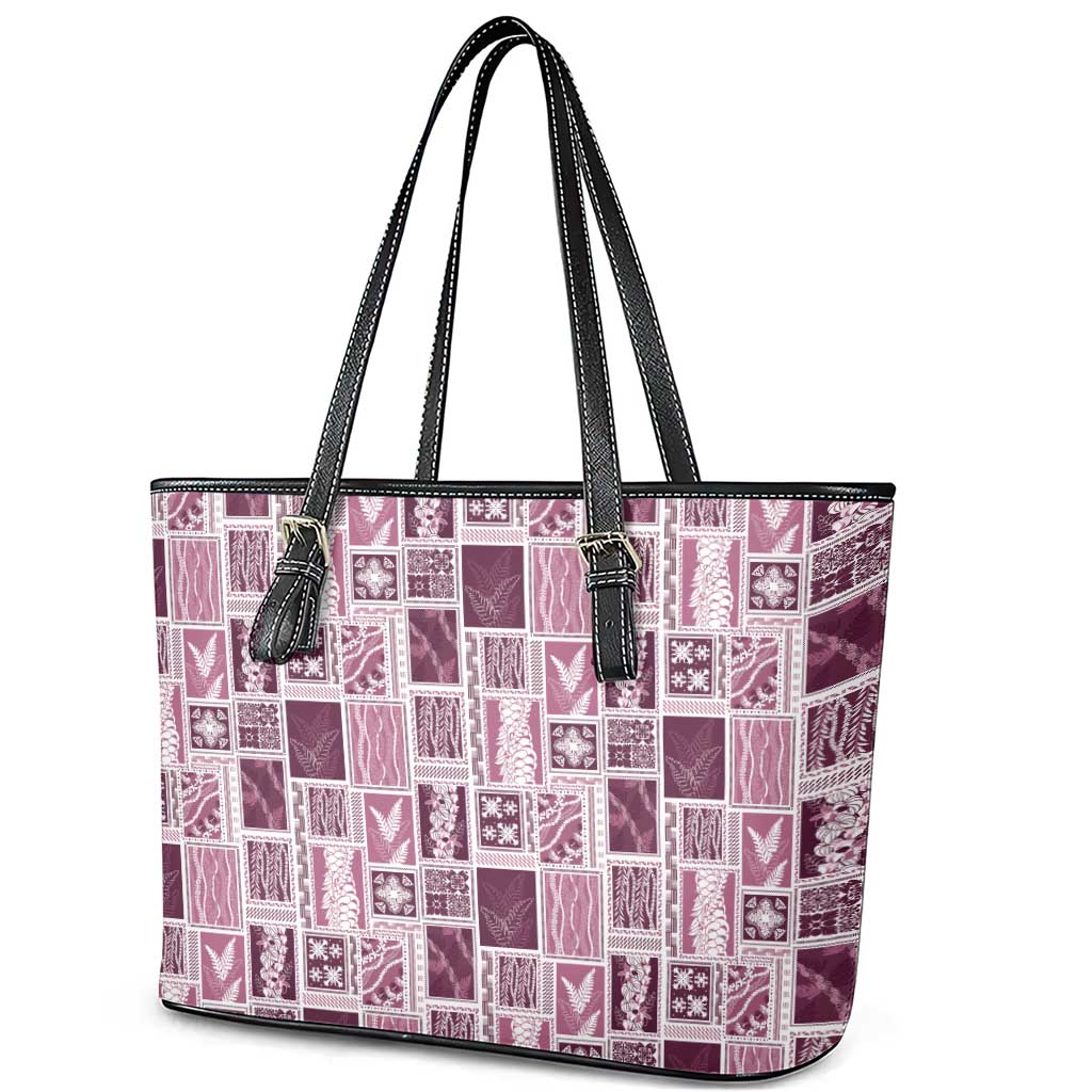 Vintage Aloha Block Quilt Leather Tote Bag Pink Inspired Lei Motifs - Polynesian Pride