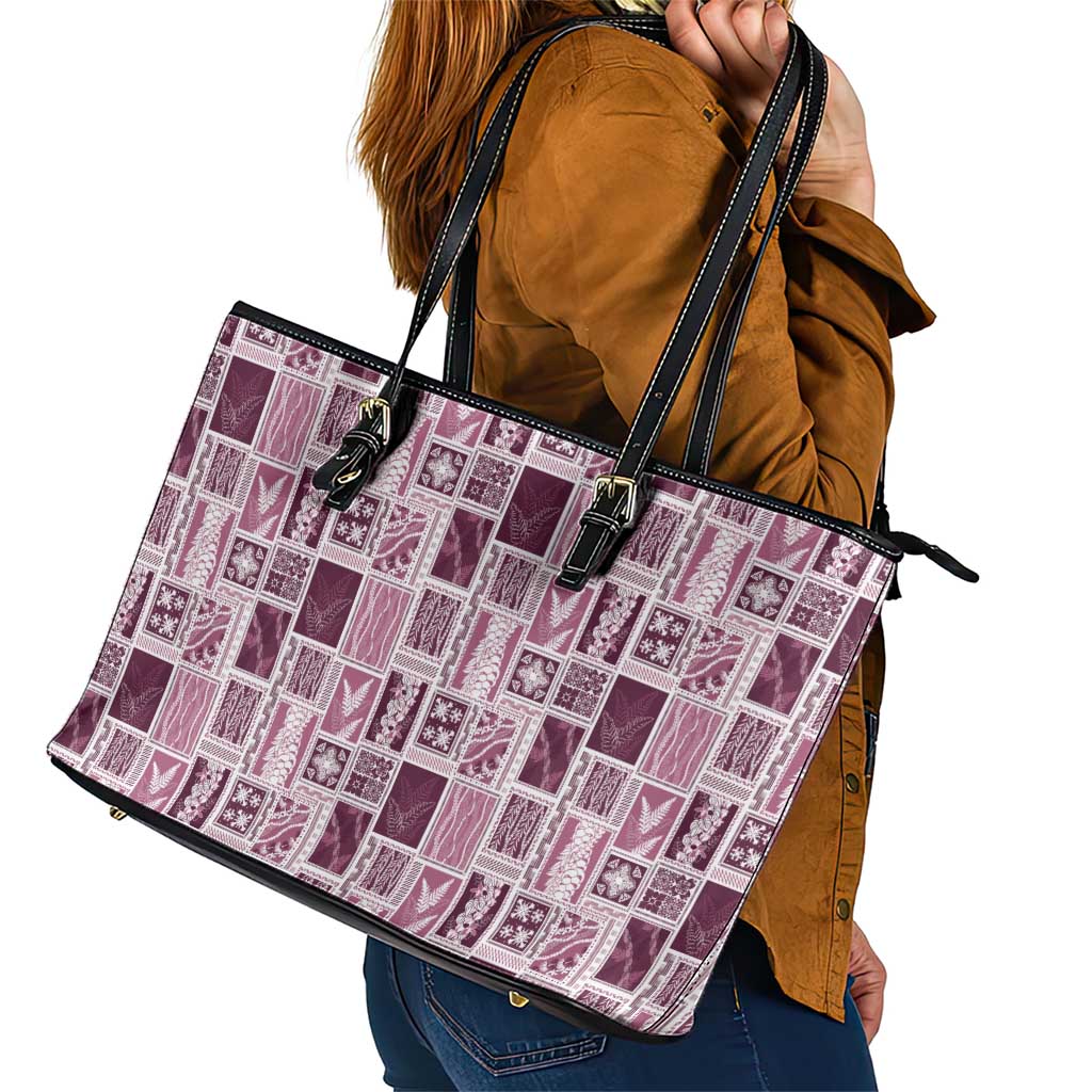 Vintage Aloha Block Quilt Leather Tote Bag Pink Inspired Lei Motifs - Polynesian Pride