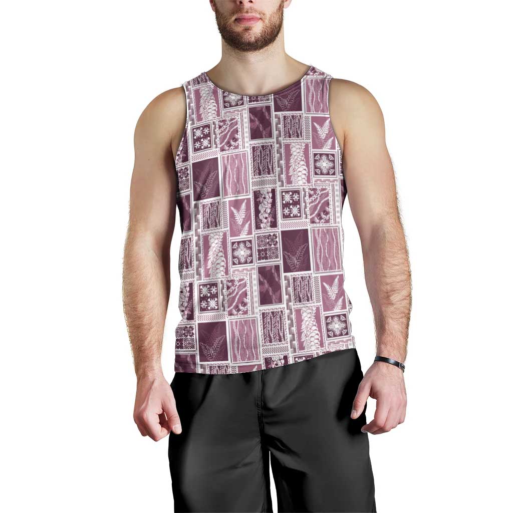 Vintage Aloha Block Quilt Men Tank Top Pink Inspired Lei Motifs - Polynesian Pride