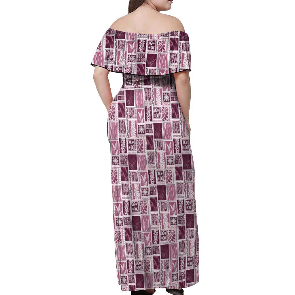 Vintage Aloha Block Quilt Off Shoulder Maxi Dress Pink Inspired Lei Motifs - Polynesian Pride