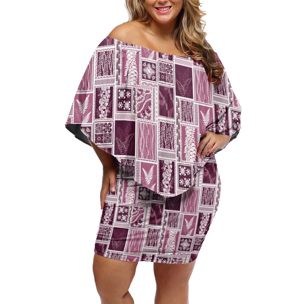 Vintage Aloha Block Quilt Off Shoulder Short Dress Pink Inspired Lei Motifs - Polynesian Pride