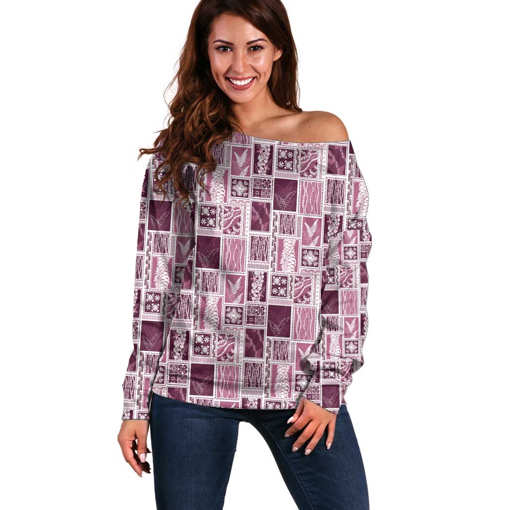 Vintage Aloha Block Quilt Off Shoulder Sweater Pink Inspired Lei Motifs - Polynesian Pride