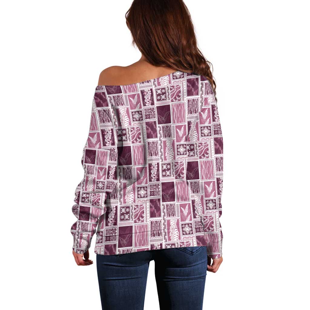 Vintage Aloha Block Quilt Off Shoulder Sweater Pink Inspired Lei Motifs - Polynesian Pride