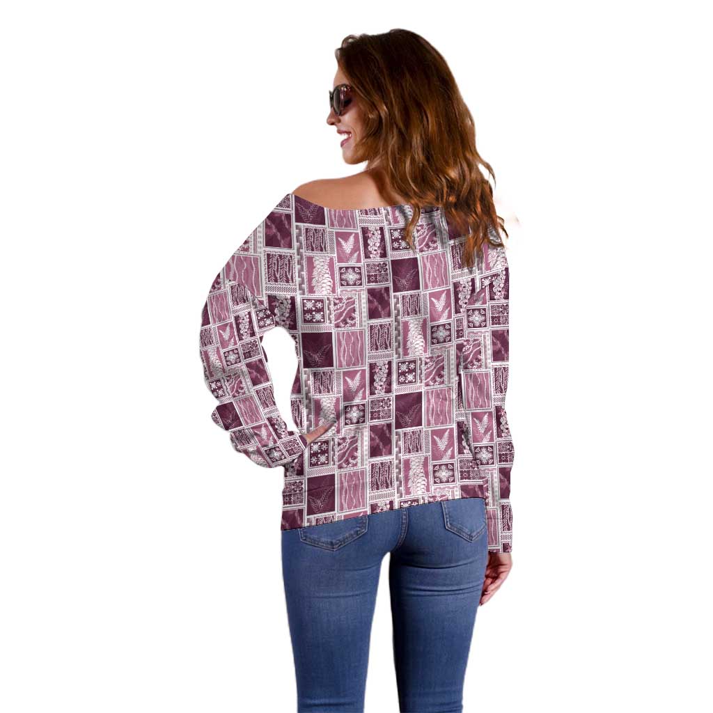 Vintage Aloha Block Quilt Off Shoulder Sweater Pink Inspired Lei Motifs - Polynesian Pride