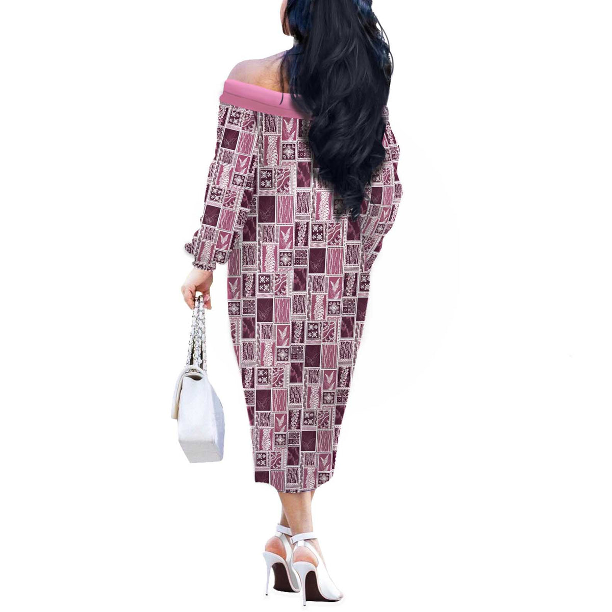 Vintage Aloha Block Quilt Off The Shoulder Long Sleeve Dress Pink Inspired Lei Motifs - Polynesian Pride