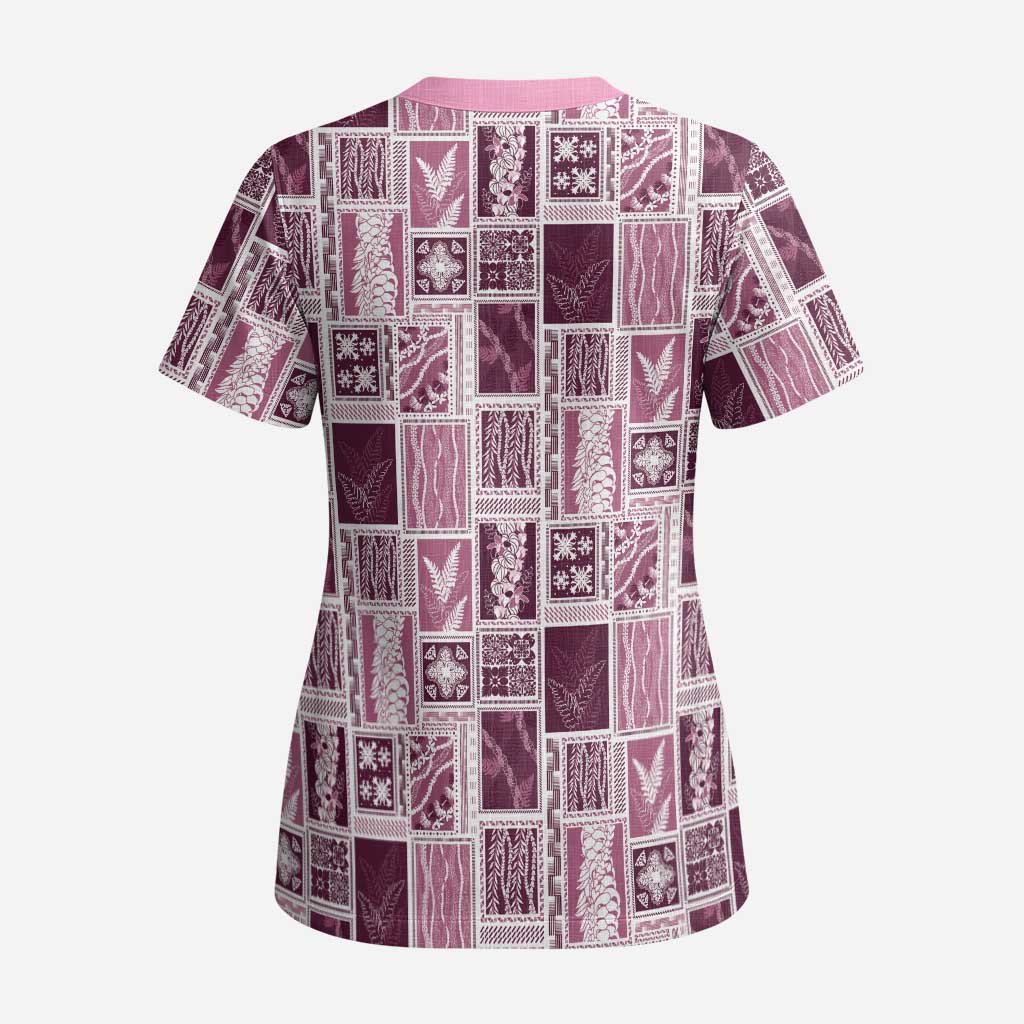 Vintage Aloha Block Quilt Scrub Top Pink Inspired Lei Motifs - Polynesian Pride