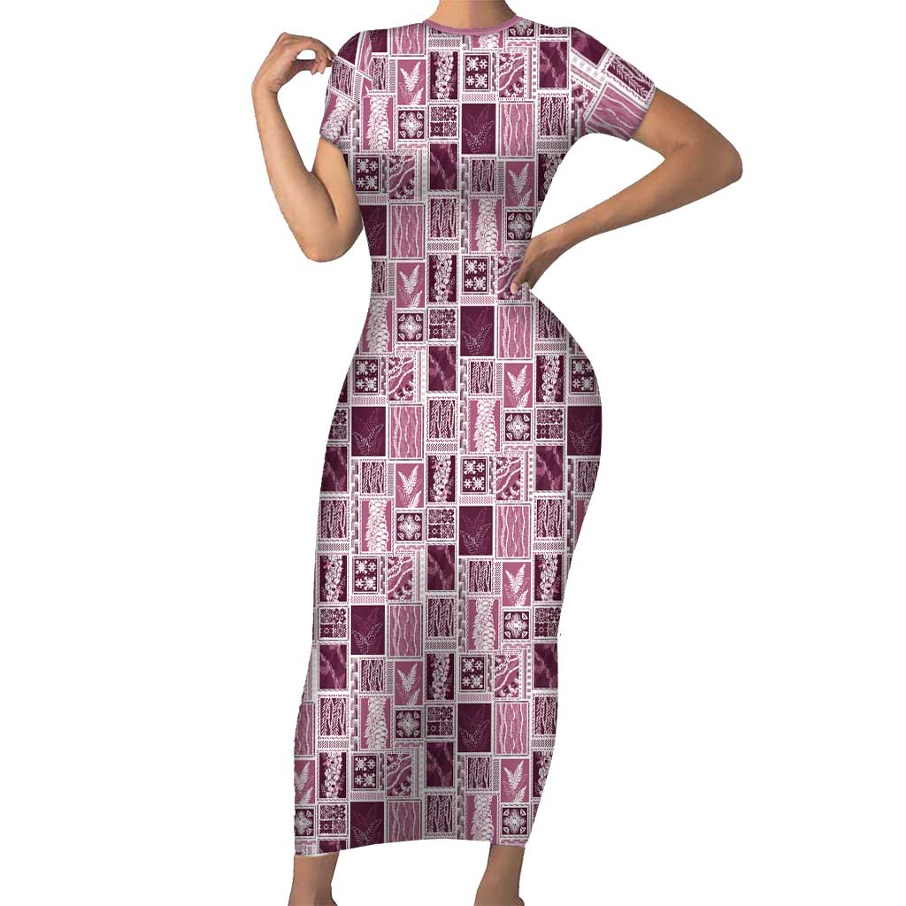 Vintage Aloha Block Quilt Short Sleeve Bodycon Dress Pink Inspired Lei Motifs - Polynesian Pride