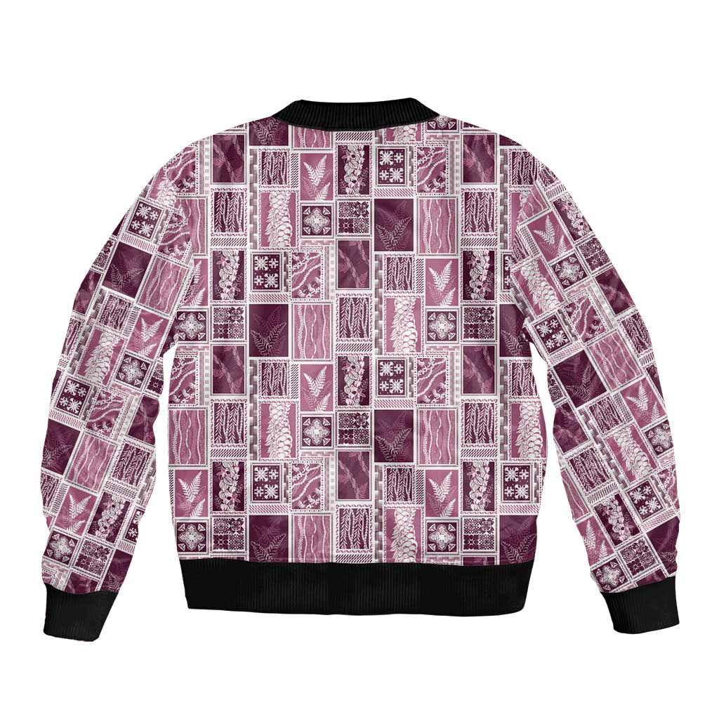 Vintage Aloha Block Quilt Sleeve Zip Bomber Jacket Pink Inspired Lei Motifs - Polynesian Pride