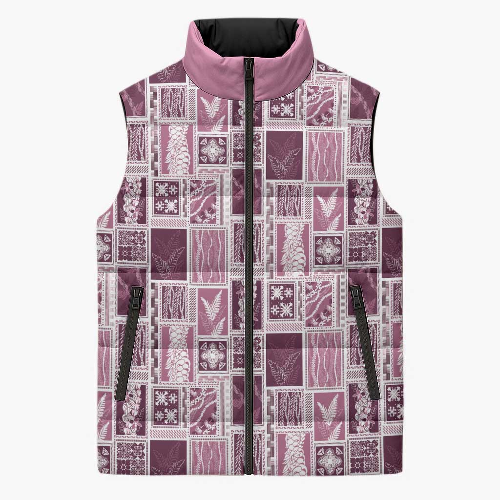 Vintage Aloha Block Quilt Sleeveless Puffer Jacket Pink Inspired Lei Motifs - Polynesian Pride