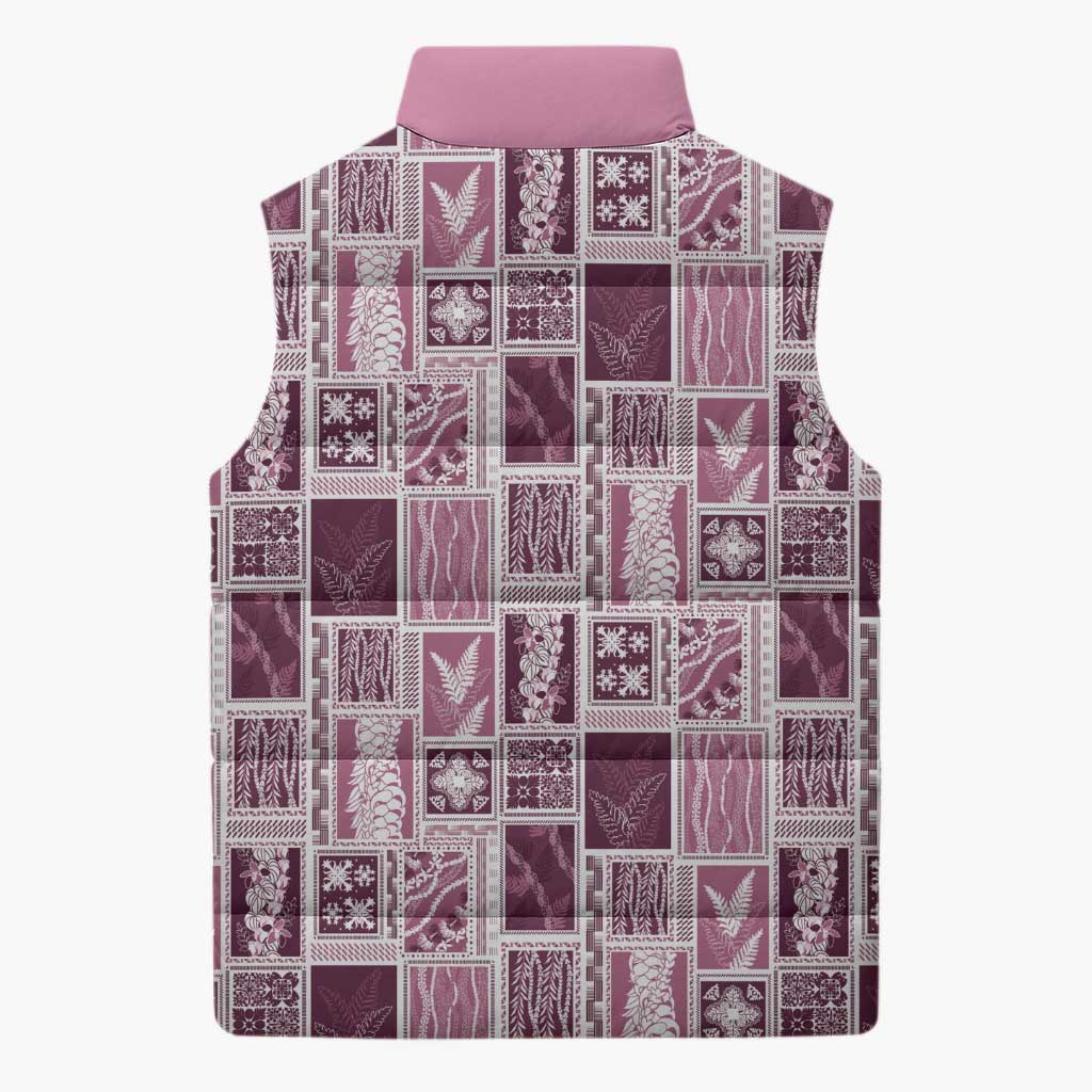 Vintage Aloha Block Quilt Sleeveless Puffer Jacket Pink Inspired Lei Motifs LT9 - Polynesian Pride