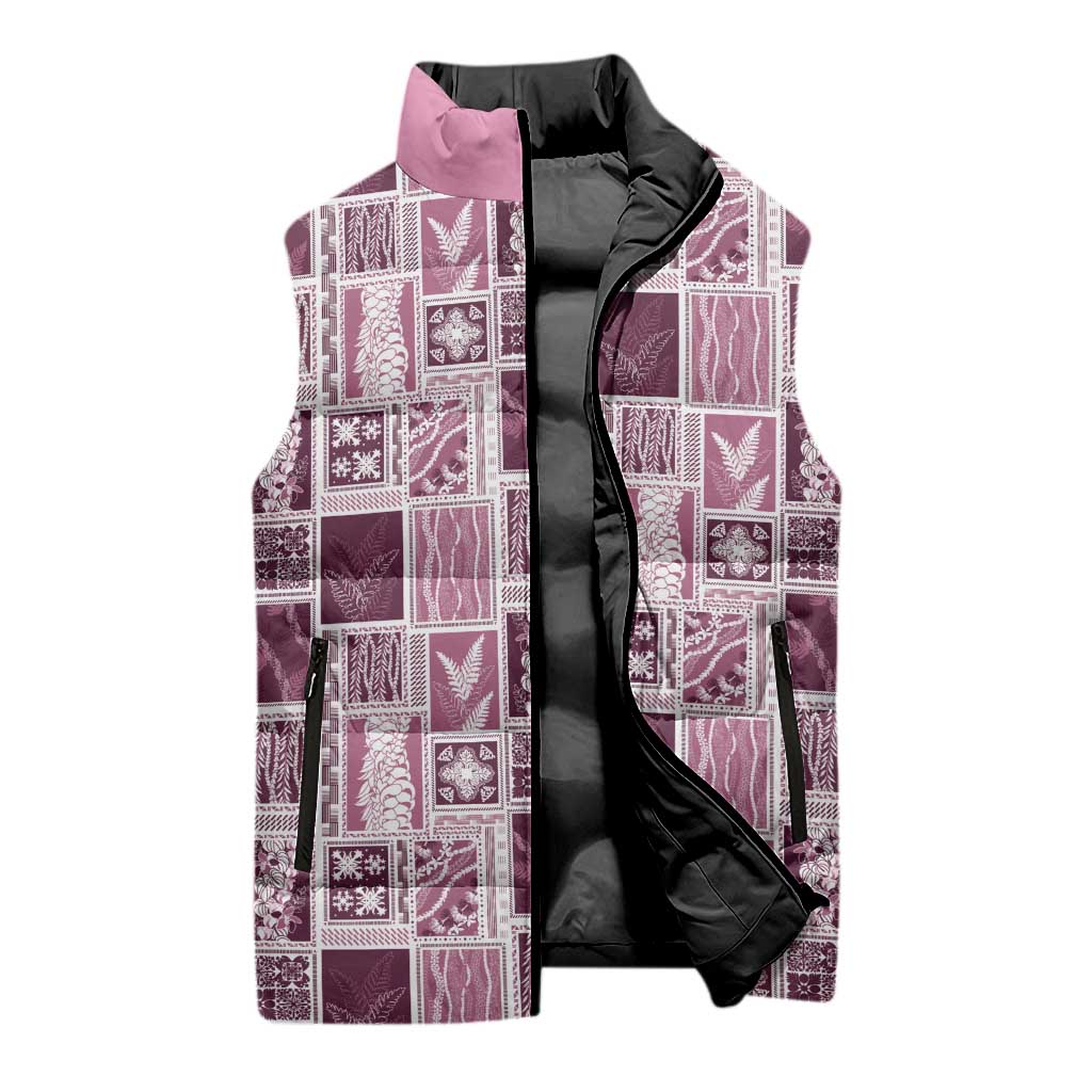 Vintage Aloha Block Quilt Sleeveless Puffer Jacket Pink Inspired Lei Motifs LT9 - Polynesian Pride