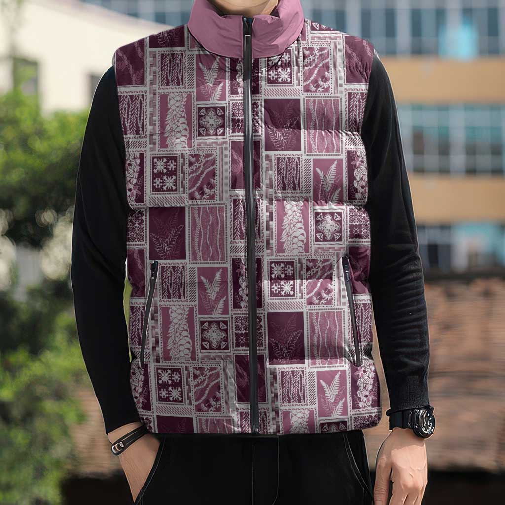 Vintage Aloha Block Quilt Sleeveless Puffer Jacket Pink Inspired Lei Motifs LT9 - Polynesian Pride