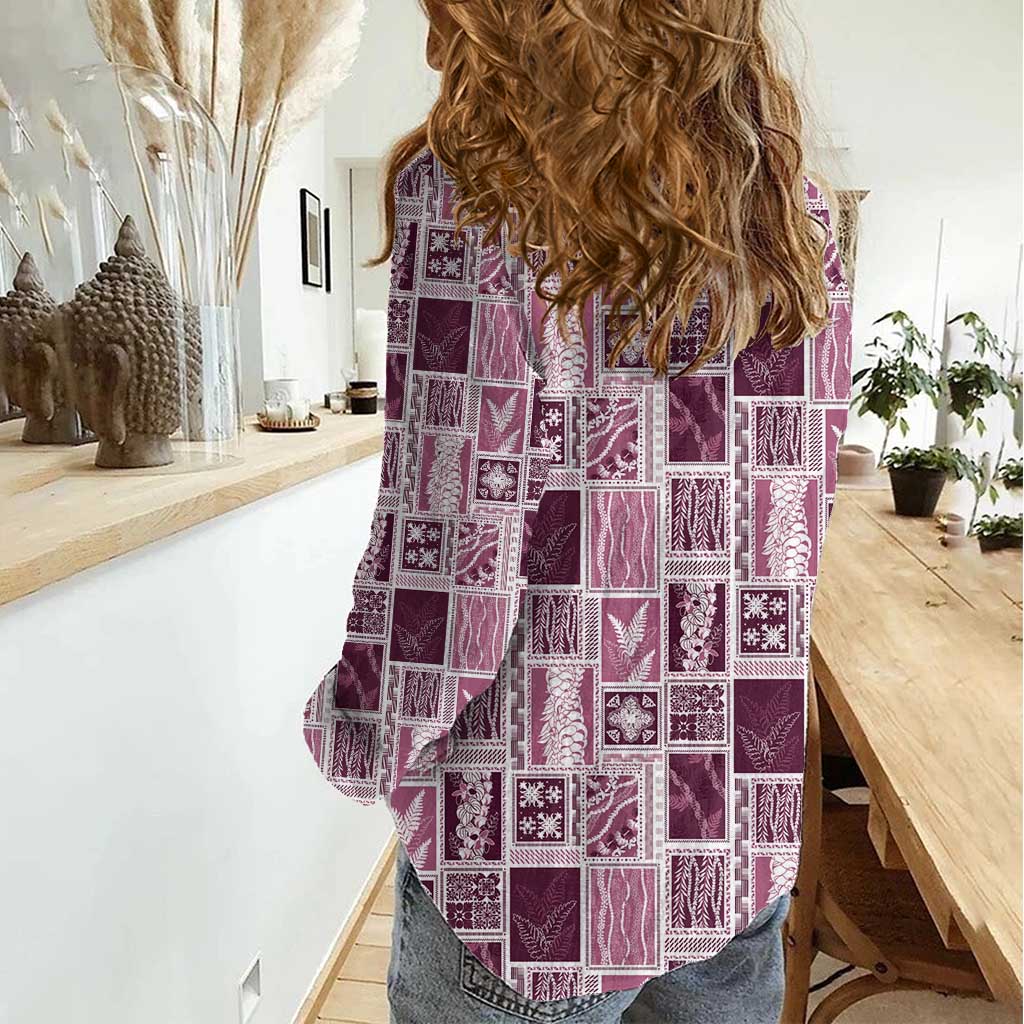 Vintage Aloha Block Quilt Women Casual Shirt Pink Inspired Lei Motifs - Polynesian Pride