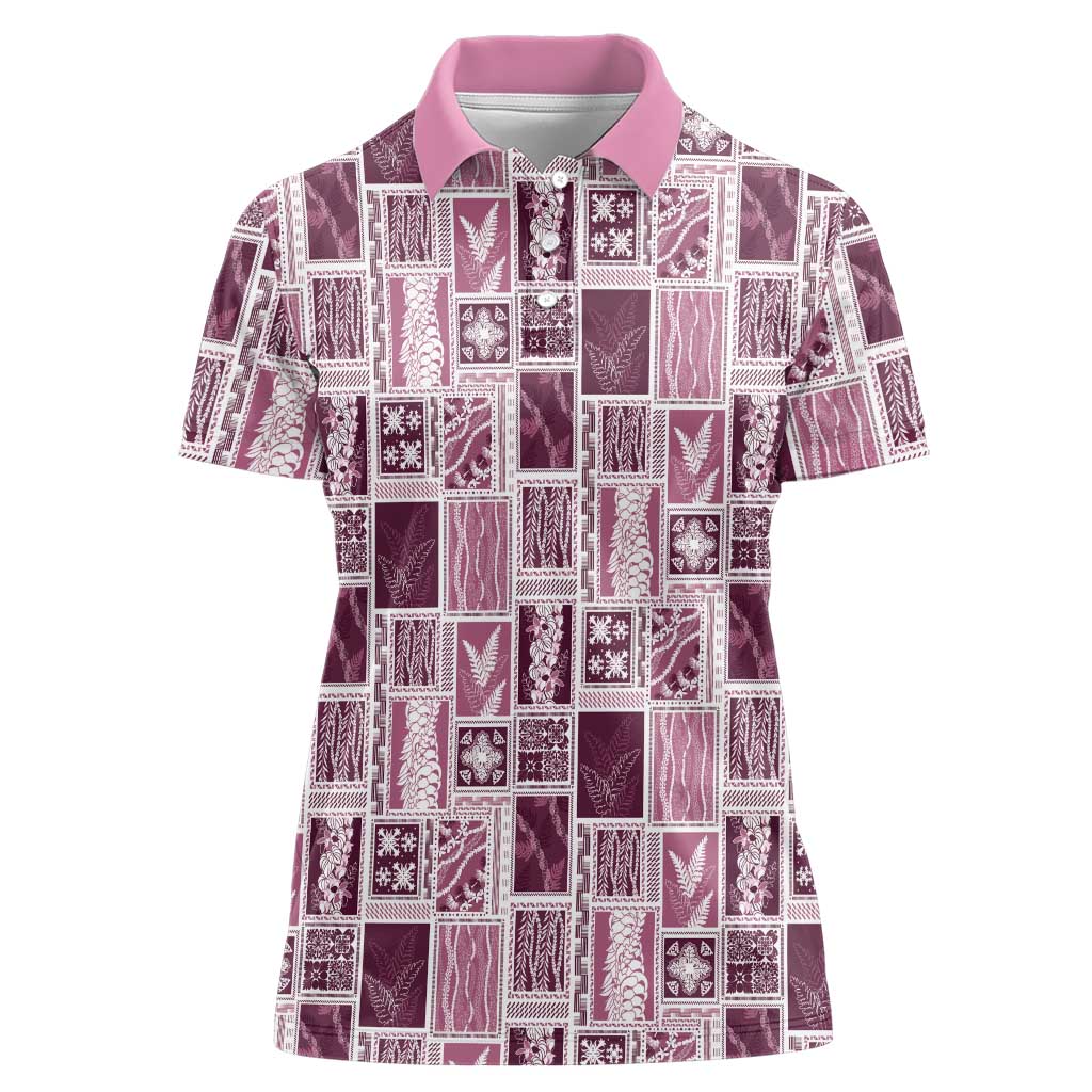 Vintage Aloha Block Quilt Women Polo Shirt Pink Inspired Lei Motifs - Polynesian Pride