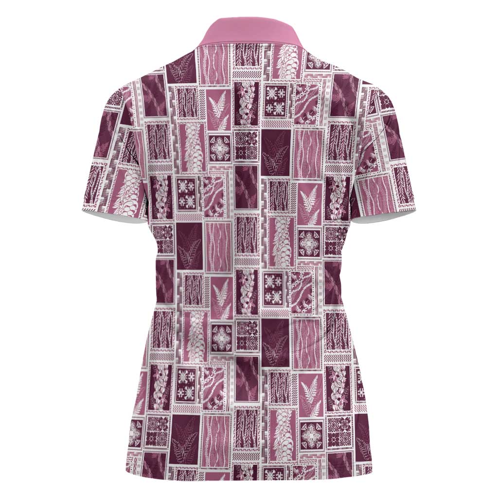 Vintage Aloha Block Quilt Women Polo Shirt Pink Inspired Lei Motifs - Polynesian Pride