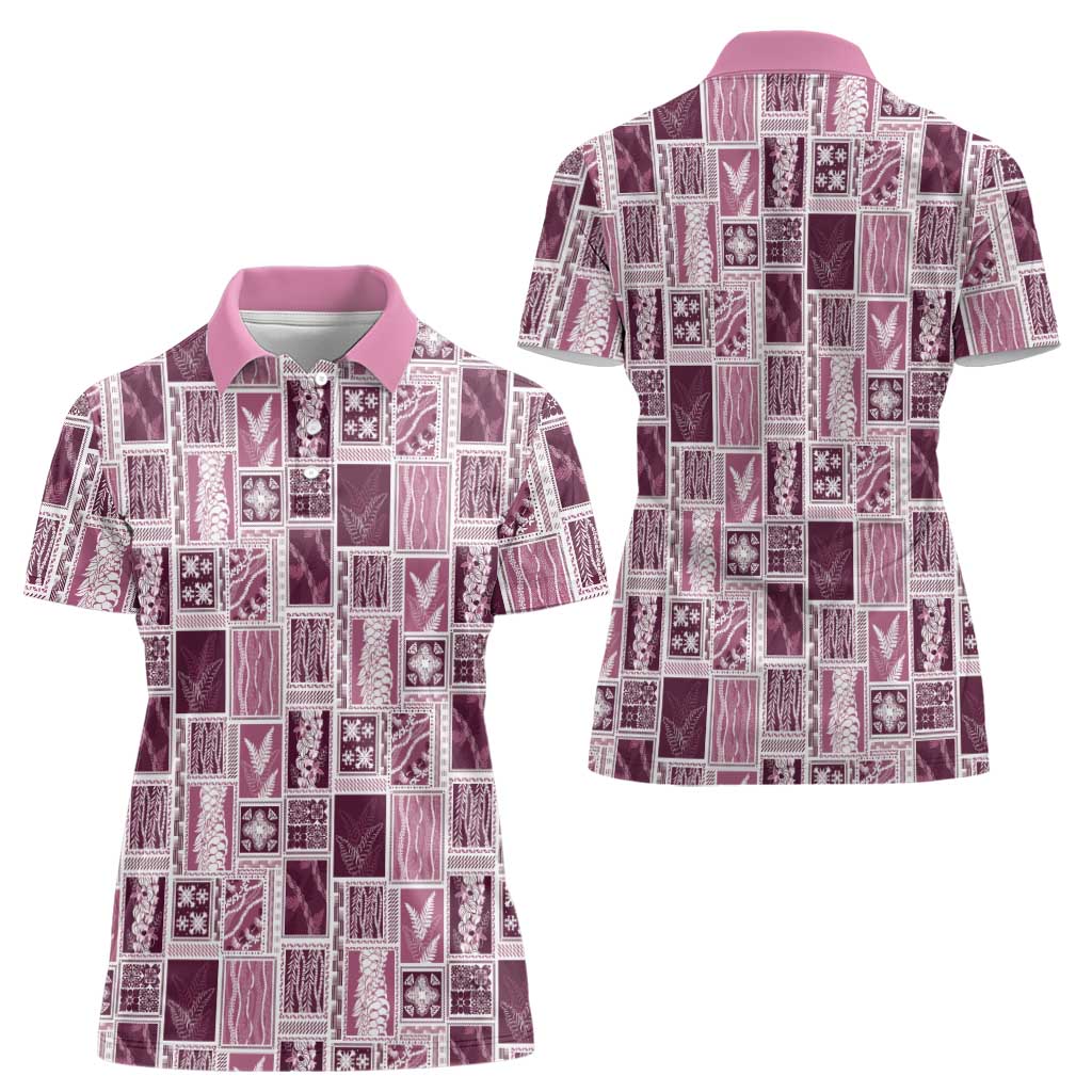 Vintage Aloha Block Quilt Women Polo Shirt Pink Inspired Lei Motifs - Polynesian Pride