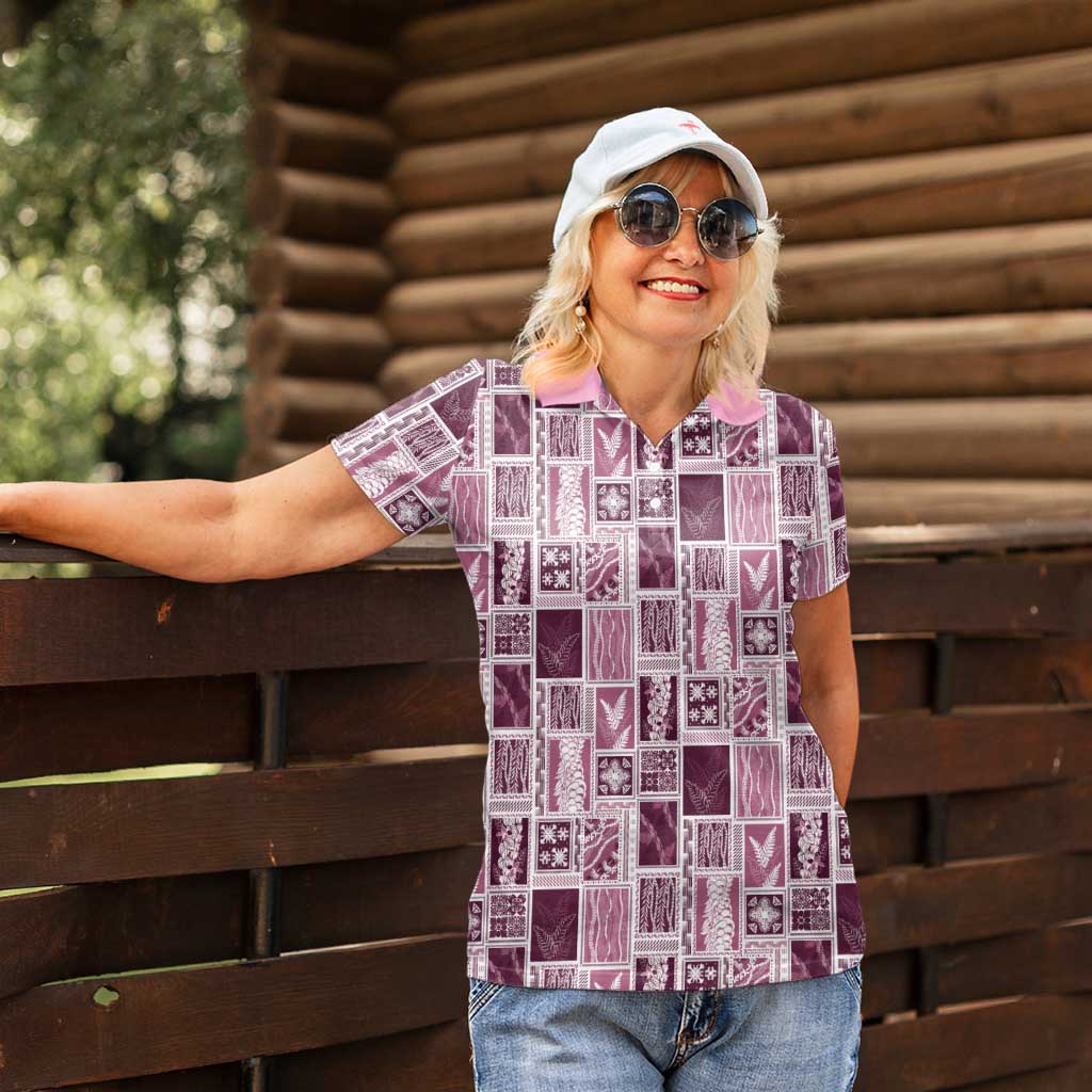 Vintage Aloha Block Quilt Women Polo Shirt Pink Inspired Lei Motifs - Polynesian Pride