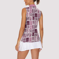 Vintage Aloha Block Quilt Women Sleeveless Polo Shirt Pink Inspired Lei Motifs - Polynesian Pride