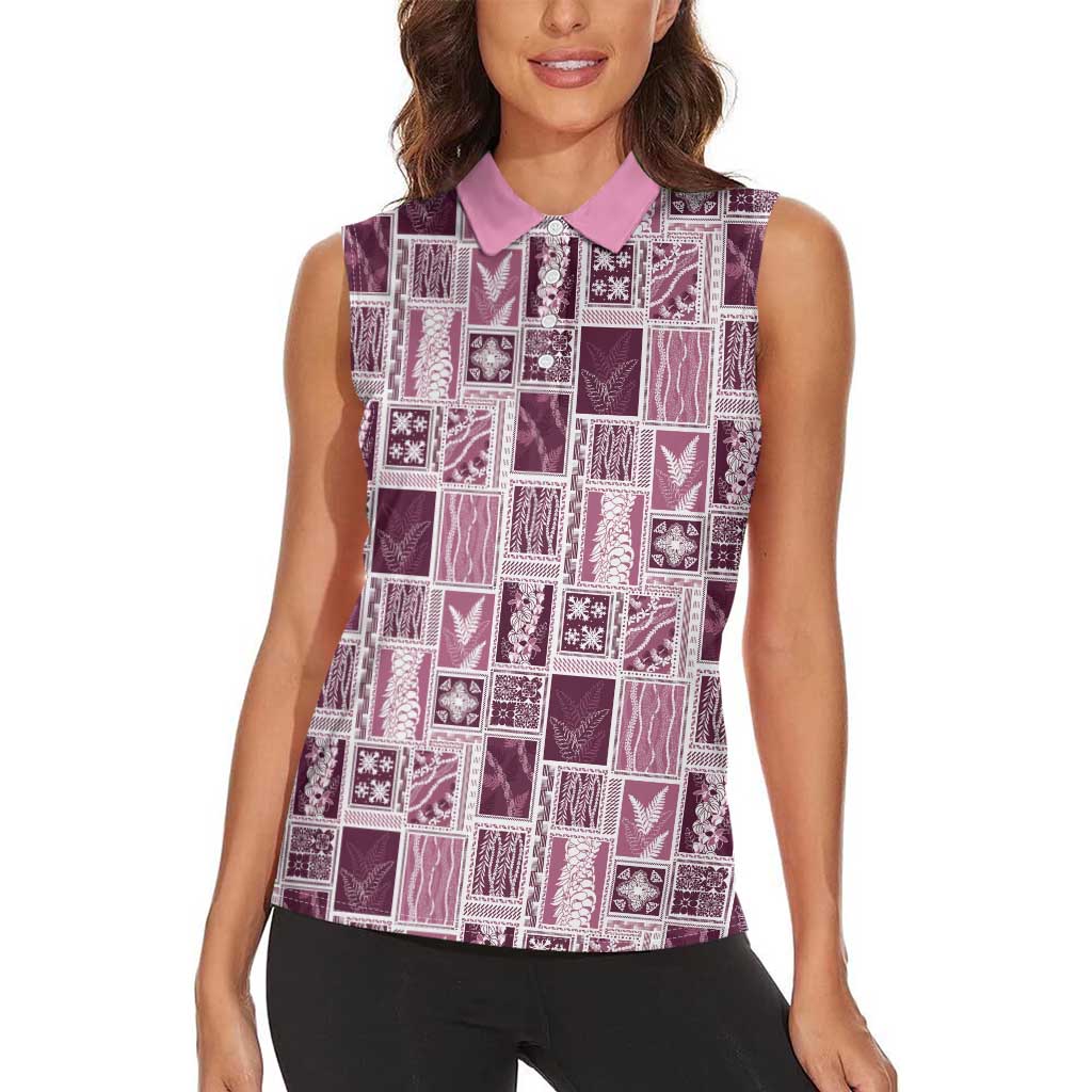 Vintage Aloha Block Quilt Women Sleeveless Polo Shirt Pink Inspired Lei Motifs - Polynesian Pride