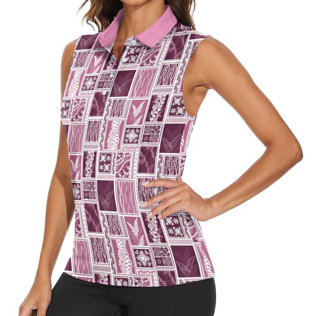 Vintage Aloha Block Quilt Women Sleeveless Polo Shirt Pink Inspired Lei Motifs - Polynesian Pride