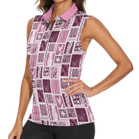 Vintage Aloha Block Quilt Women Sleeveless Polo Shirt Pink Inspired Lei Motifs - Polynesian Pride