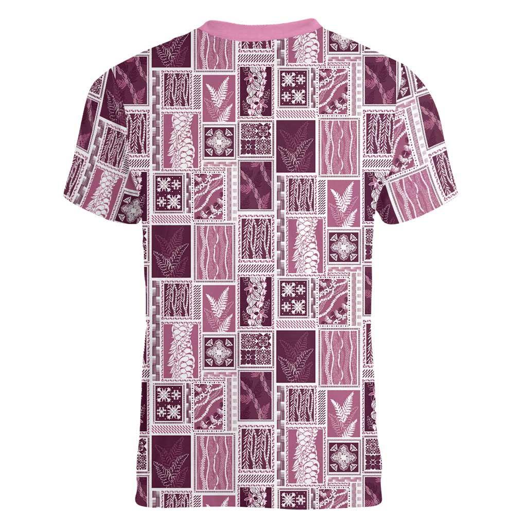 Vintage Aloha Block Quilt Women V-Neck T-Shirt Pink Inspired Lei Motifs - Polynesian Pride
