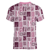 Vintage Aloha Block Quilt Women V-Neck T-Shirt Pink Inspired Lei Motifs - Polynesian Pride