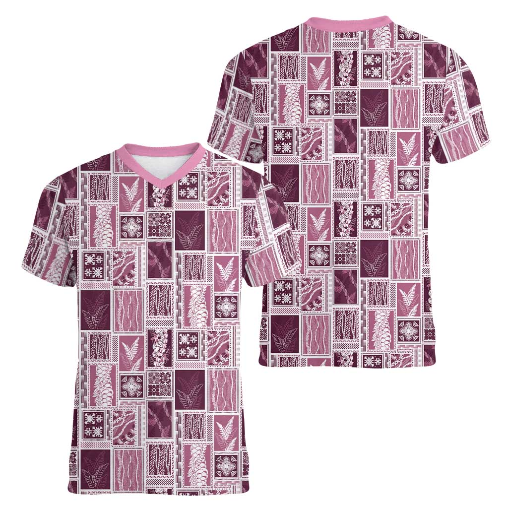 Vintage Aloha Block Quilt Women V-Neck T-Shirt Pink Inspired Lei Motifs - Polynesian Pride