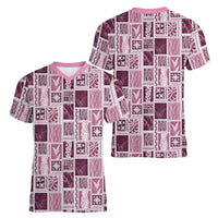 Vintage Aloha Block Quilt Women V-Neck T-Shirt Pink Inspired Lei Motifs - Polynesian Pride