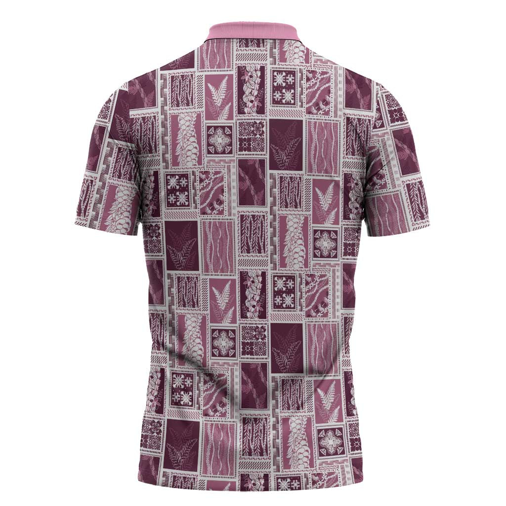 Vintage Aloha Block Quilt Zipper Polo Shirt Pink Inspired Lei Motifs - Polynesian Pride