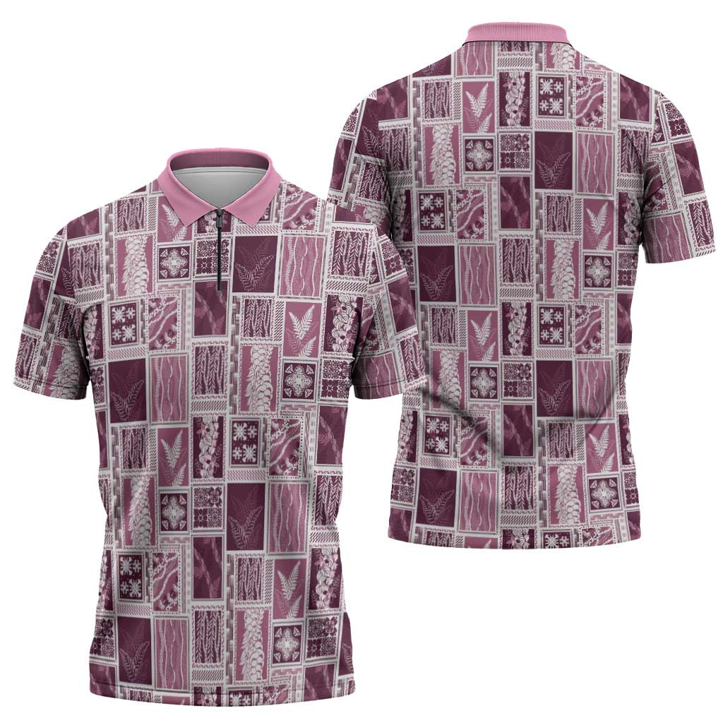 Vintage Aloha Block Quilt Zipper Polo Shirt Pink Inspired Lei Motifs - Polynesian Pride