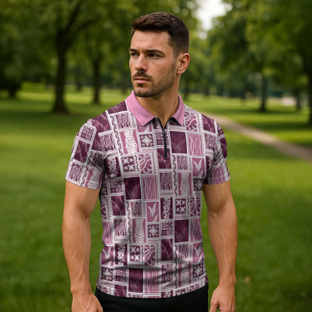 Vintage Aloha Block Quilt Zipper Polo Shirt Pink Inspired Lei Motifs - Polynesian Pride