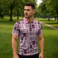 Vintage Aloha Block Quilt Zipper Polo Shirt Pink Inspired Lei Motifs - Polynesian Pride