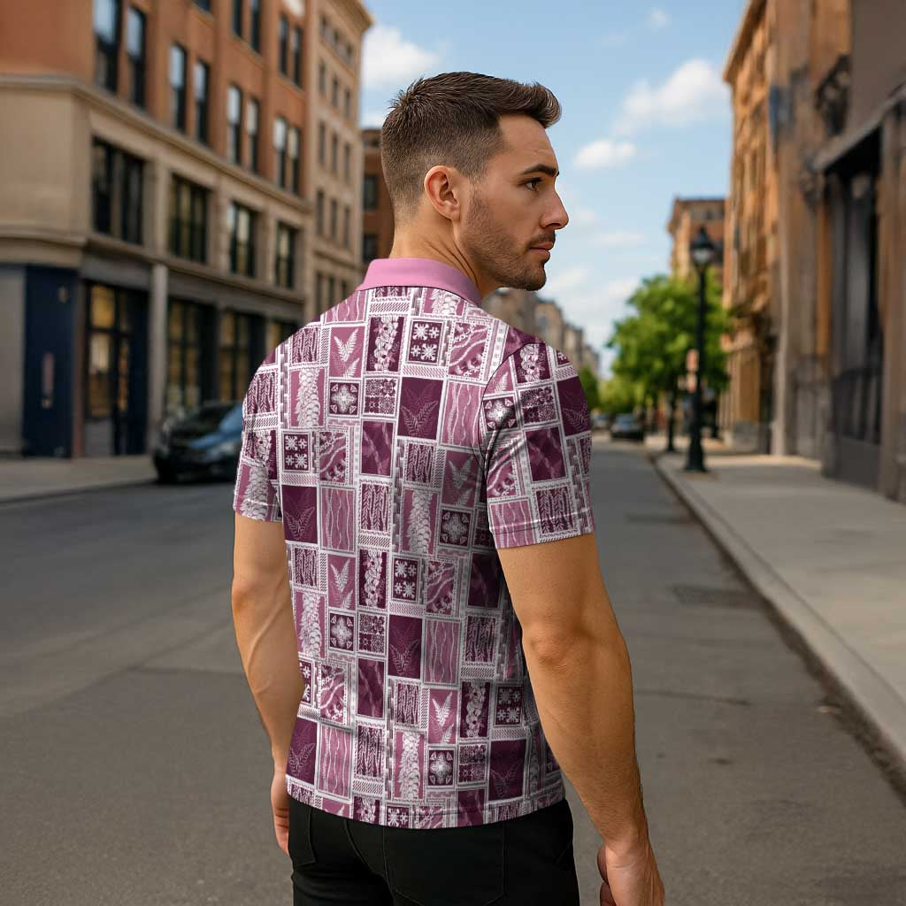 Vintage Aloha Block Quilt Zipper Polo Shirt Pink Inspired Lei Motifs - Polynesian Pride