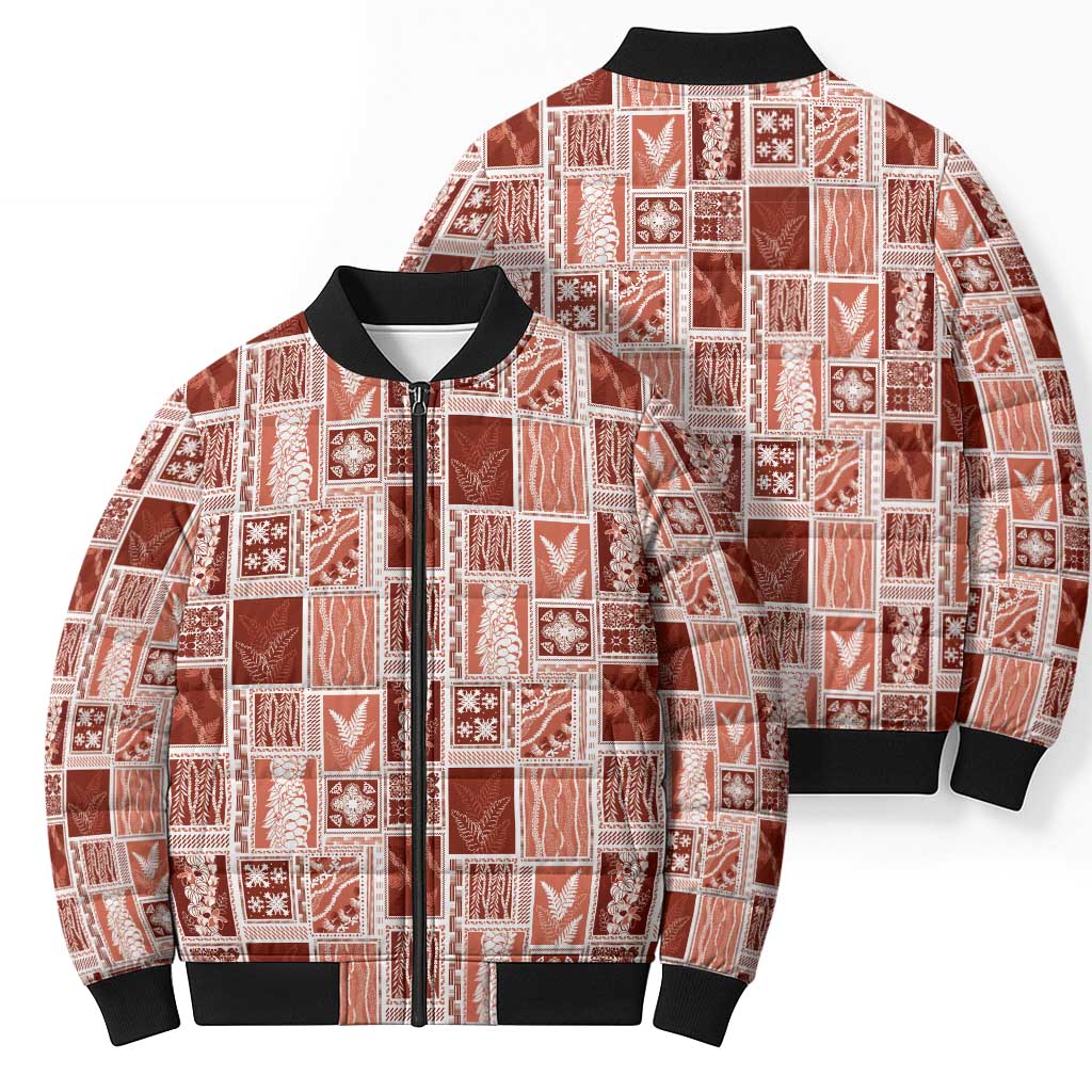 Vintage Aloha Block Quilt Bomber Puffer Jacket Red Inspired Lei Motifs - Polynesian Pride
