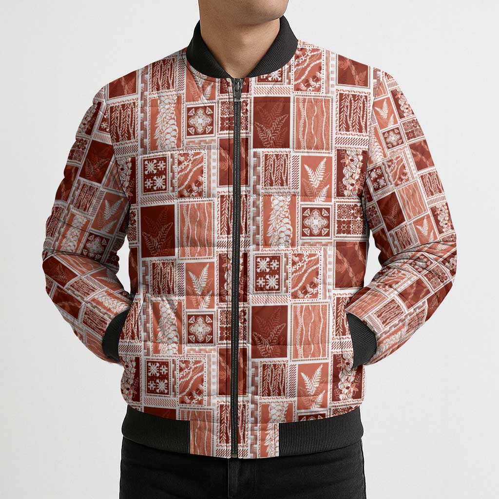 Vintage Aloha Block Quilt Bomber Puffer Jacket Red Inspired Lei Motifs - Polynesian Pride