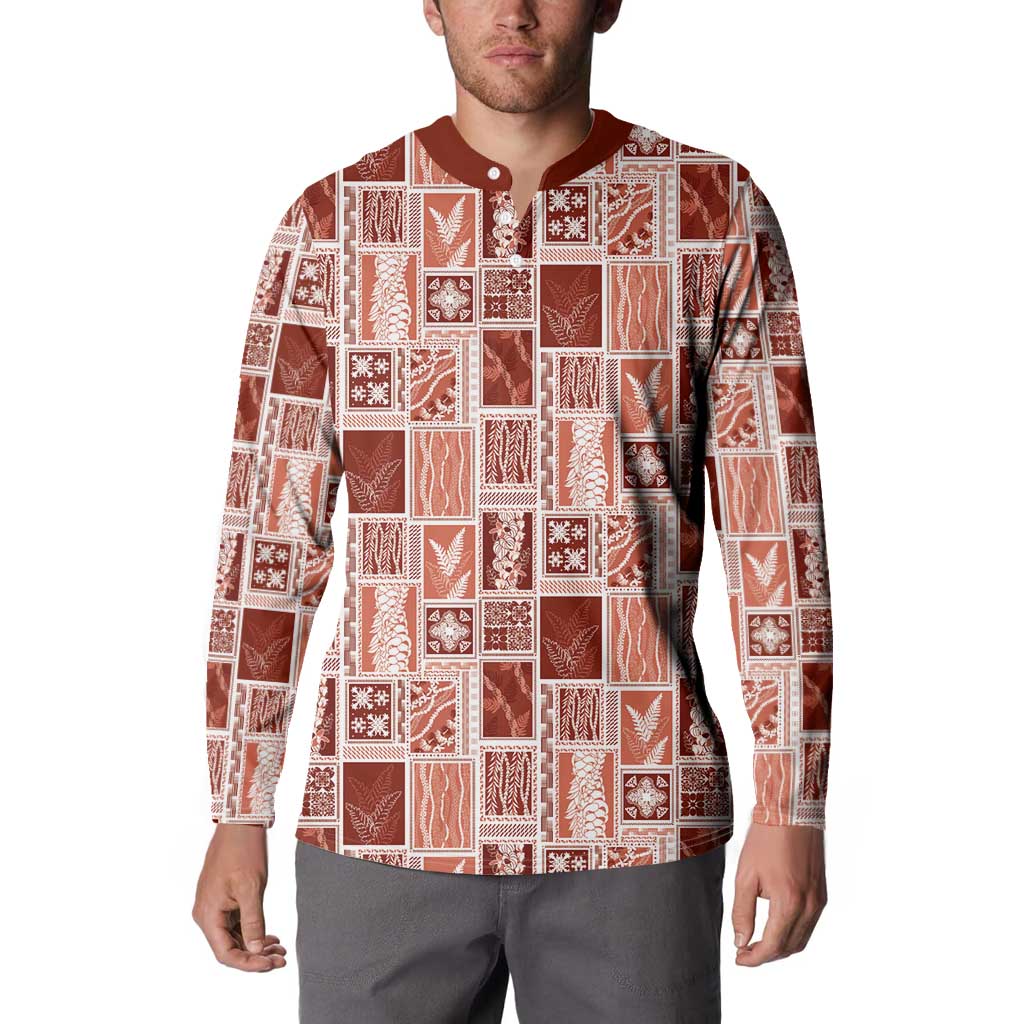 Vintage Aloha Block Quilt Button Sweatshirt Red Inspired Lei Motifs - Polynesian Pride