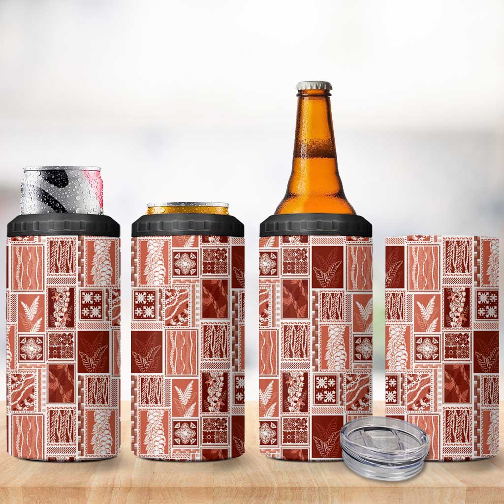 Vintage Aloha Block Quilt 4 in 1 Can Cooler Tumbler Red Inspired Lei Motifs - Polynesian Pride