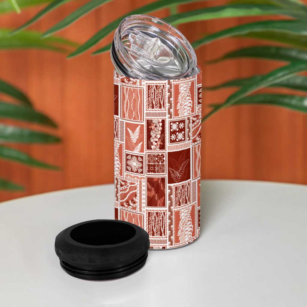 Vintage Aloha Block Quilt 4 in 1 Can Cooler Tumbler Red Inspired Lei Motifs - Polynesian Pride