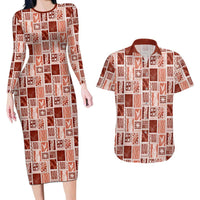 Vintage Aloha Block Quilt Couples Matching Long Sleeve Bodycon Dress and Hawaiian Shirt Red Inspired Lei Motifs LT9 Red - Polynesian Pride