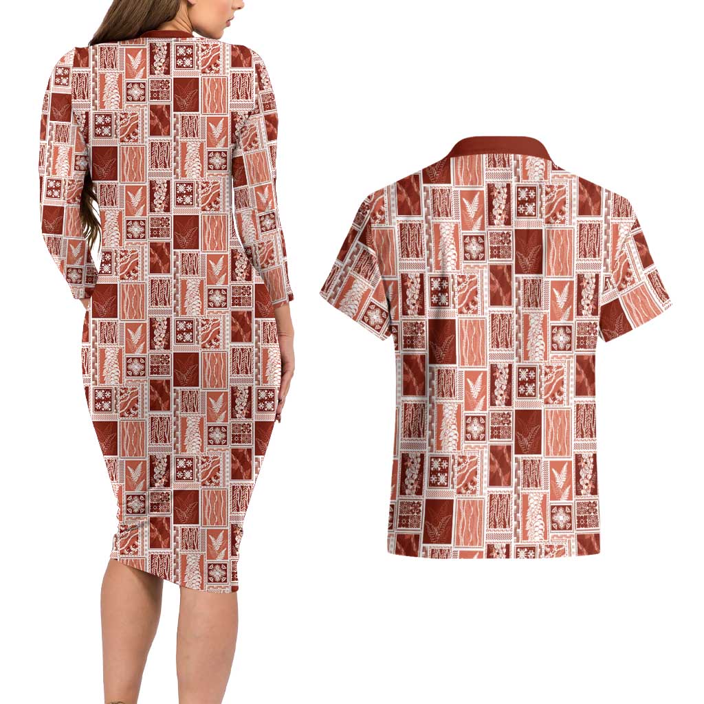 Vintage Aloha Block Quilt Couples Matching Long Sleeve Bodycon Dress and Hawaiian Shirt Red Inspired Lei Motifs LT9 - Polynesian Pride