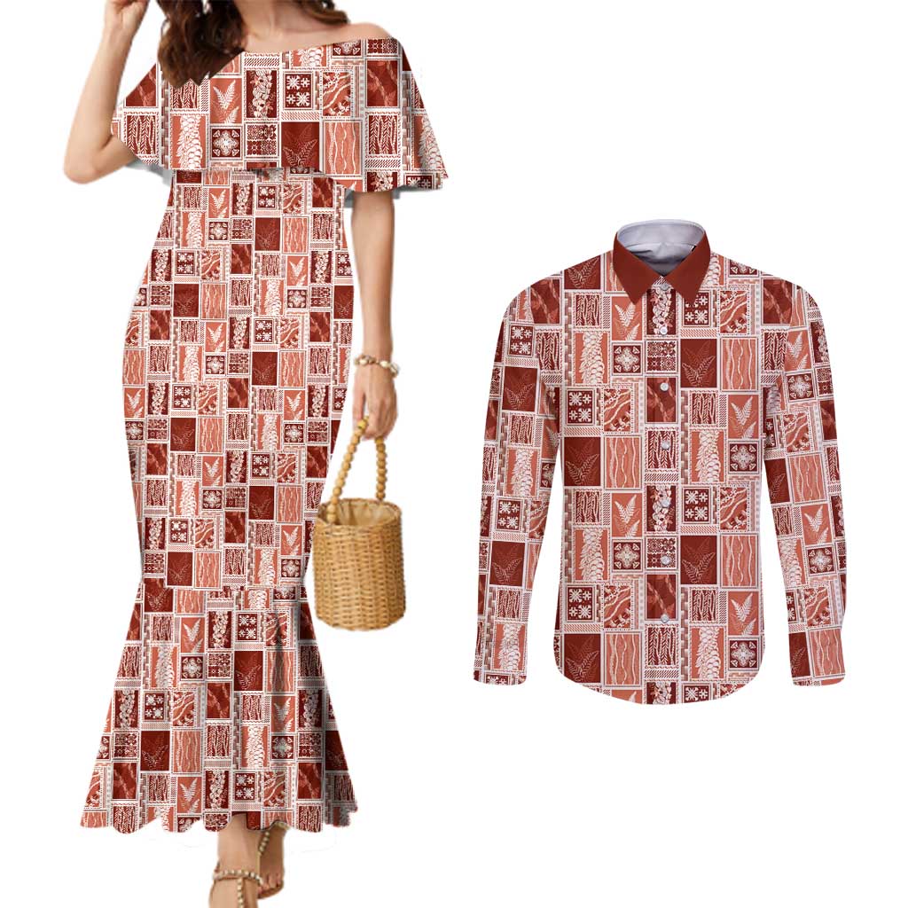 Vintage Aloha Block Quilt Couples Matching Mermaid Dress and Long Sleeve Button Shirt Red Inspired Lei Motifs - Polynesian Pride