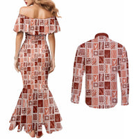 Vintage Aloha Block Quilt Couples Matching Mermaid Dress and Long Sleeve Button Shirt Red Inspired Lei Motifs - Polynesian Pride