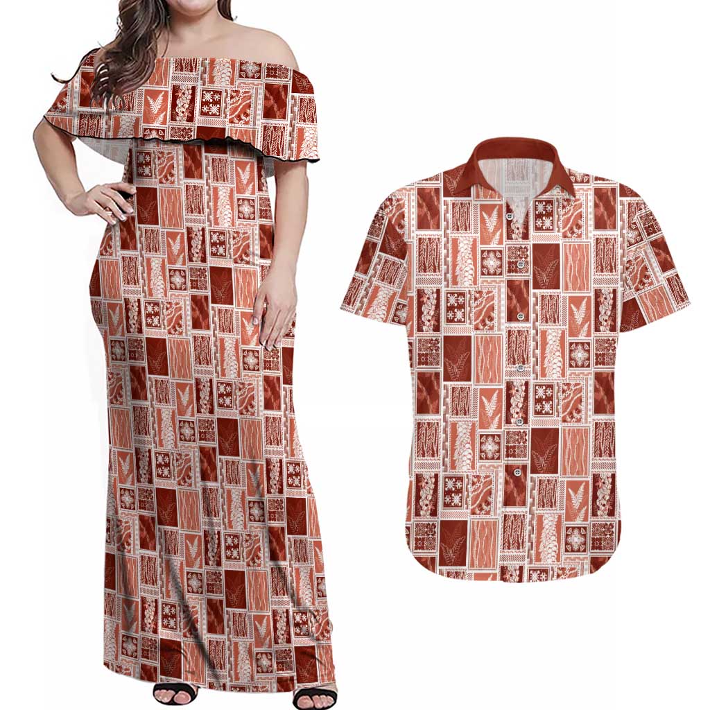 Vintage Aloha Block Quilt Couples Matching Off Shoulder Maxi Dress and Hawaiian Shirt Red Inspired Lei Motifs - Polynesian Pride