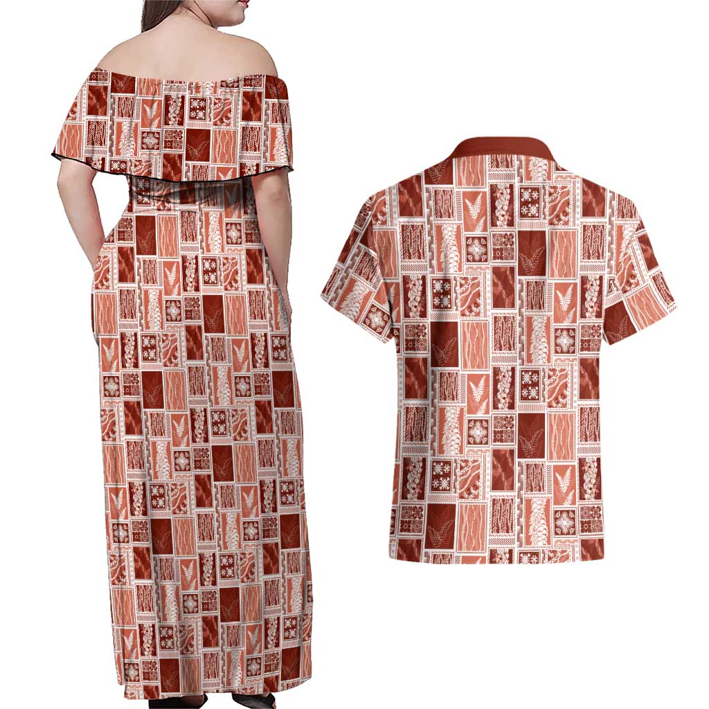 Vintage Aloha Block Quilt Couples Matching Off Shoulder Maxi Dress and Hawaiian Shirt Red Inspired Lei Motifs - Polynesian Pride