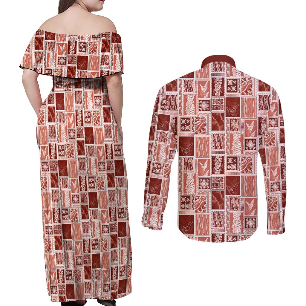 Vintage Aloha Block Quilt Couples Matching Off Shoulder Maxi Dress and Long Sleeve Button Shirt Red Inspired Lei Motifs - Polynesian Pride