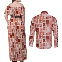 Vintage Aloha Block Quilt Couples Matching Off Shoulder Maxi Dress and Long Sleeve Button Shirt Red Inspired Lei Motifs - Polynesian Pride