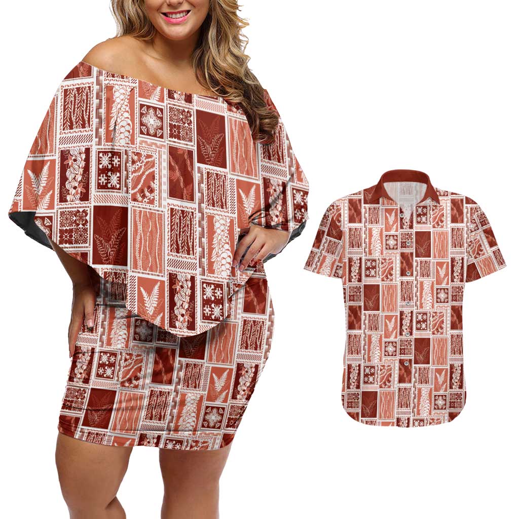 Vintage Aloha Block Quilt Couples Matching Off Shoulder Short Dress and Hawaiian Shirt Red Inspired Lei Motifs - Polynesian Pride