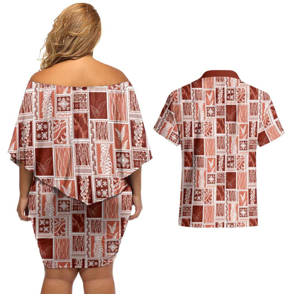 Vintage Aloha Block Quilt Couples Matching Off Shoulder Short Dress and Hawaiian Shirt Red Inspired Lei Motifs - Polynesian Pride